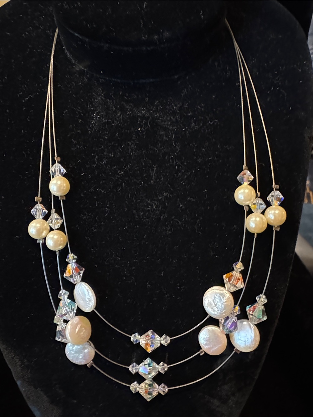 Delicate Coin Pearl and Crystal Bead Multi-Strand Necklace